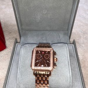 Michele - rose gold watch brown face diamonds around face